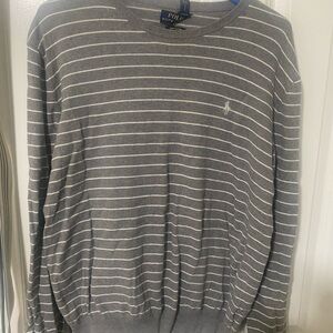 Polo by Ralph Lauren Men's Gray and White Striped Crewneck Sweater